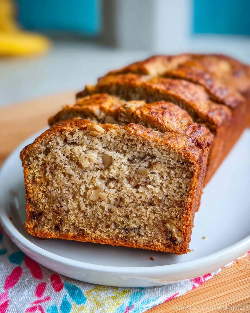 A close-up view of a sliced loaf of moist Banana Bread with Sour Cream showing walnuts inside.