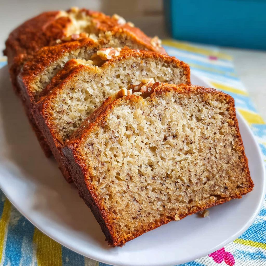 Four thick slices of moist Banana Bread with Sour Cream, topped with walnuts, displayed on a white plate.