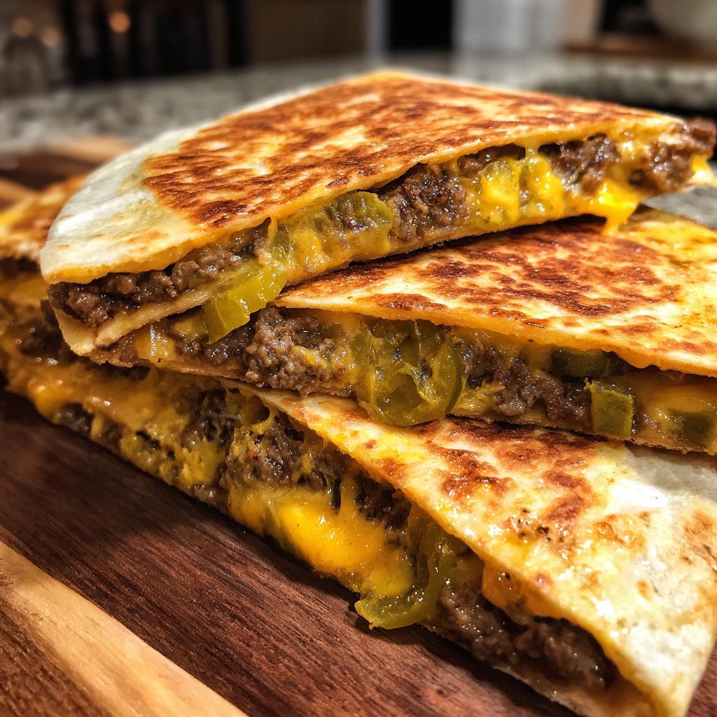 Close-up of stacked Smashburger Quesadillas showing melted cheese, ground beef, and pickles inside a toasted tortilla.