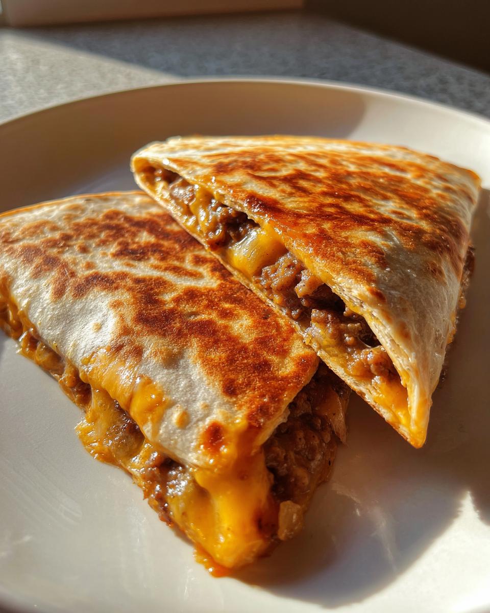 Two halves of a golden-brown Smashburger Quesadilla showing melted cheese and seasoned ground beef filling.