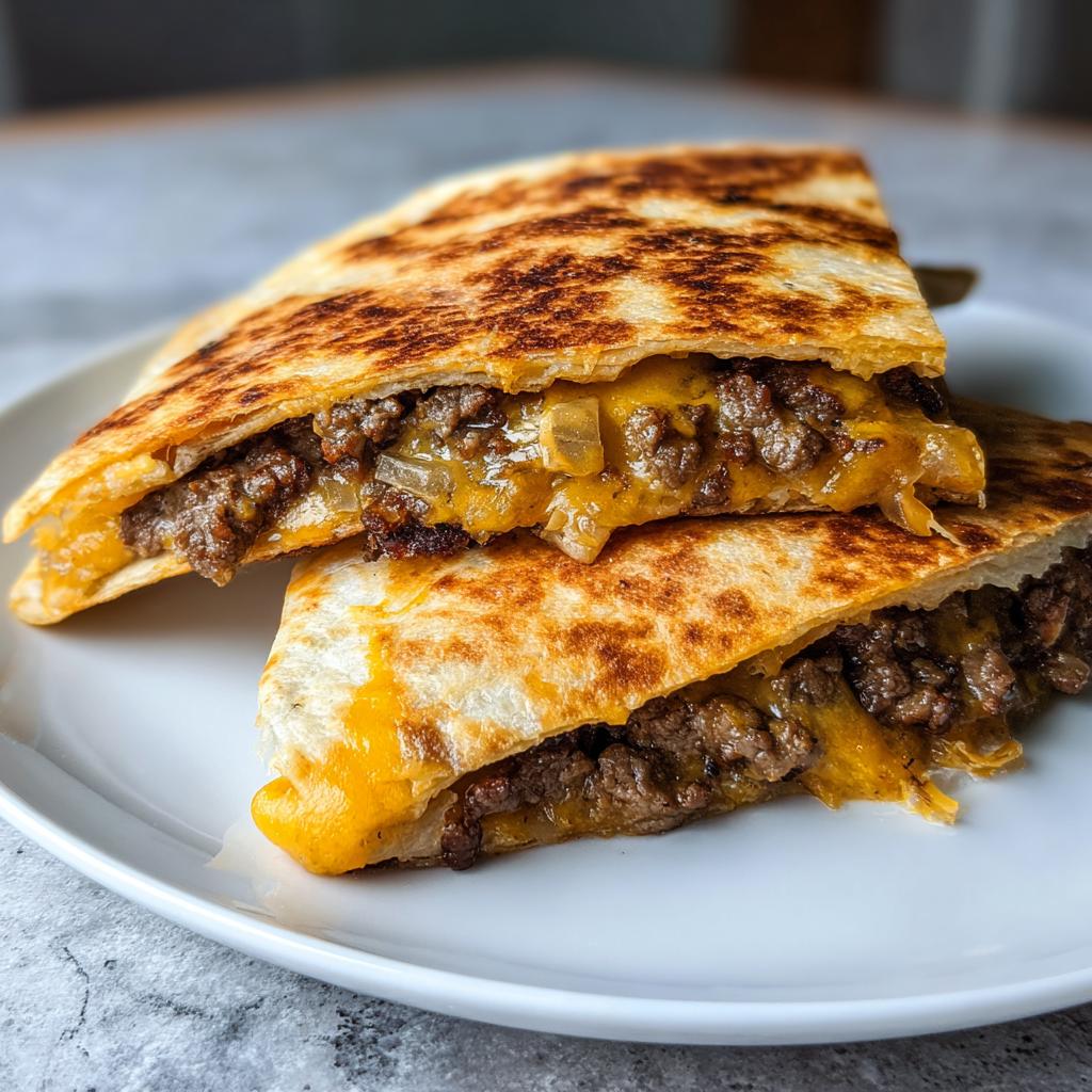 Two halves of a golden-brown Smashburger Quesadilla stacked, showing the savory ground beef and melted cheese filling.