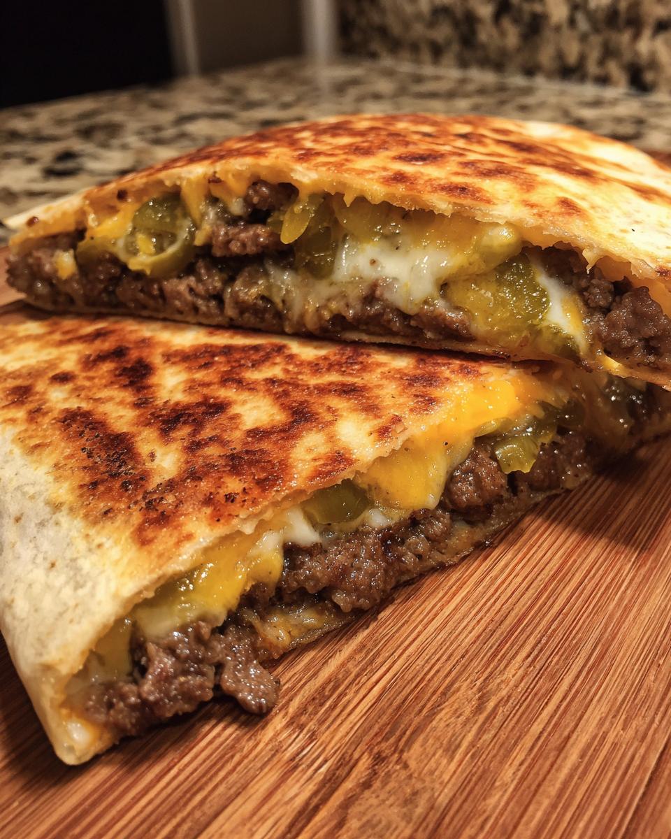 Cross-section view of two halves of a golden-brown Smashburger Quesadillas filled with seasoned ground beef, melted cheese, and green peppers.