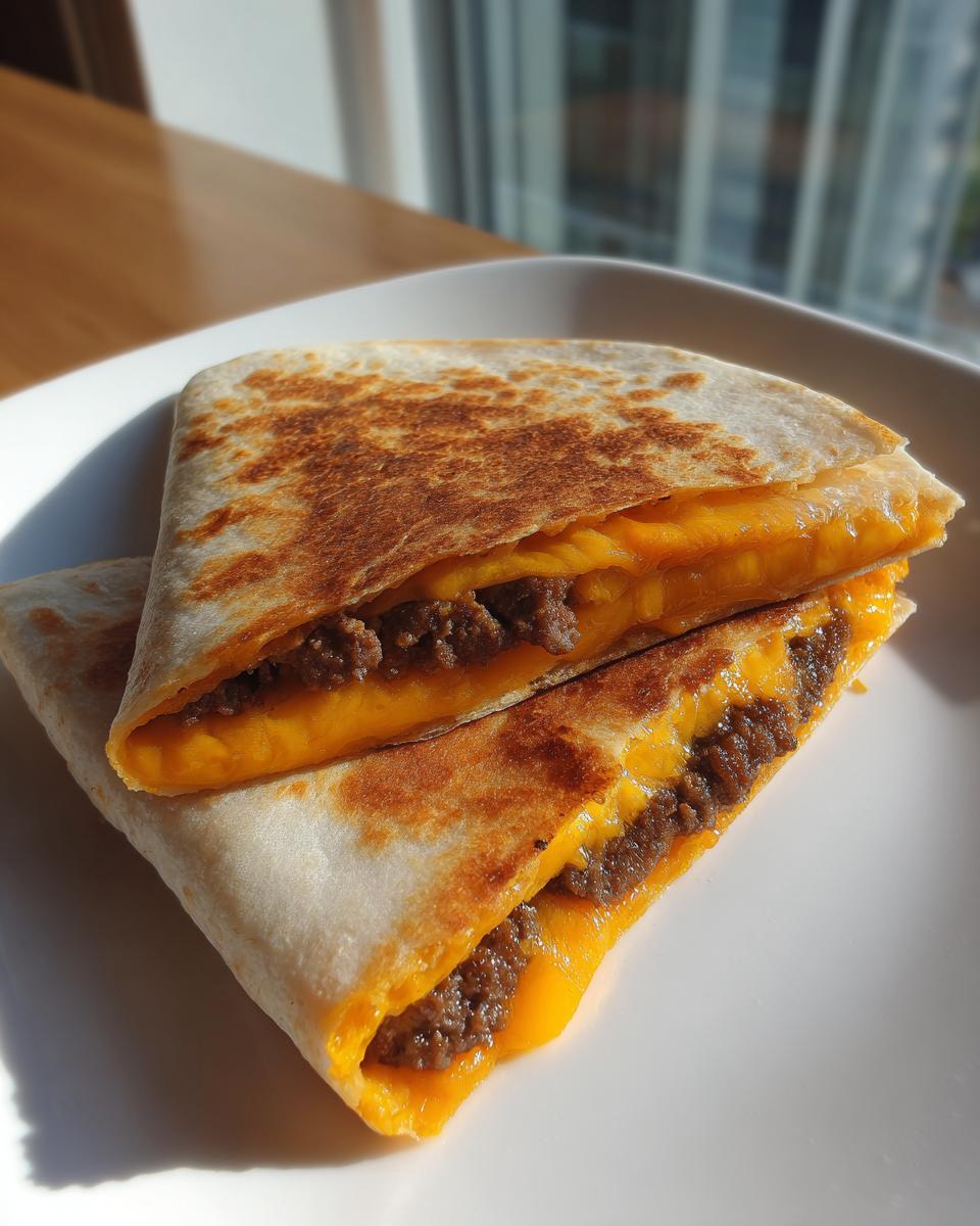 Two halves of a golden-brown Smashburger Quesadillas showing melted cheese and seasoned ground beef filling.