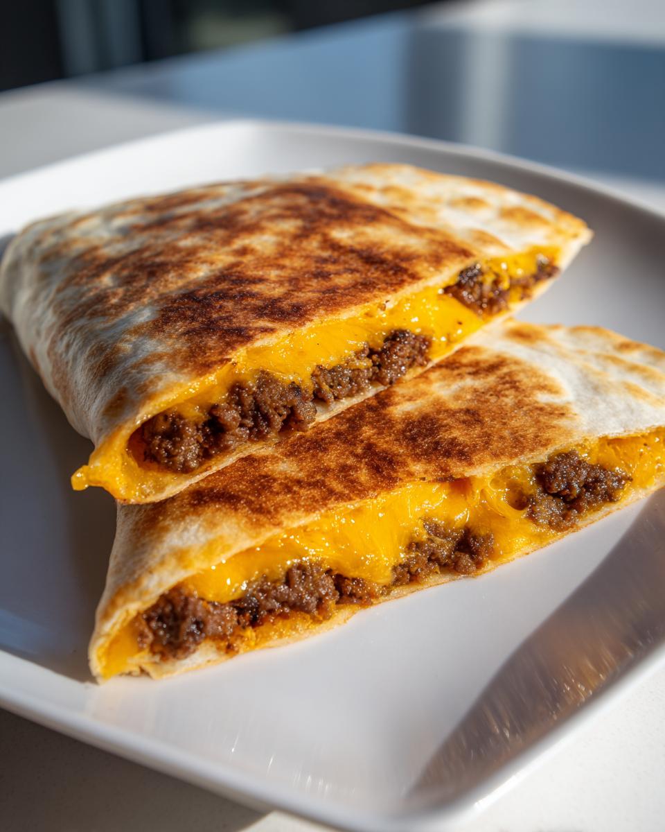 Two halves of a golden-brown Smashburger Quesadillas showing melted cheddar cheese and seasoned ground beef filling.