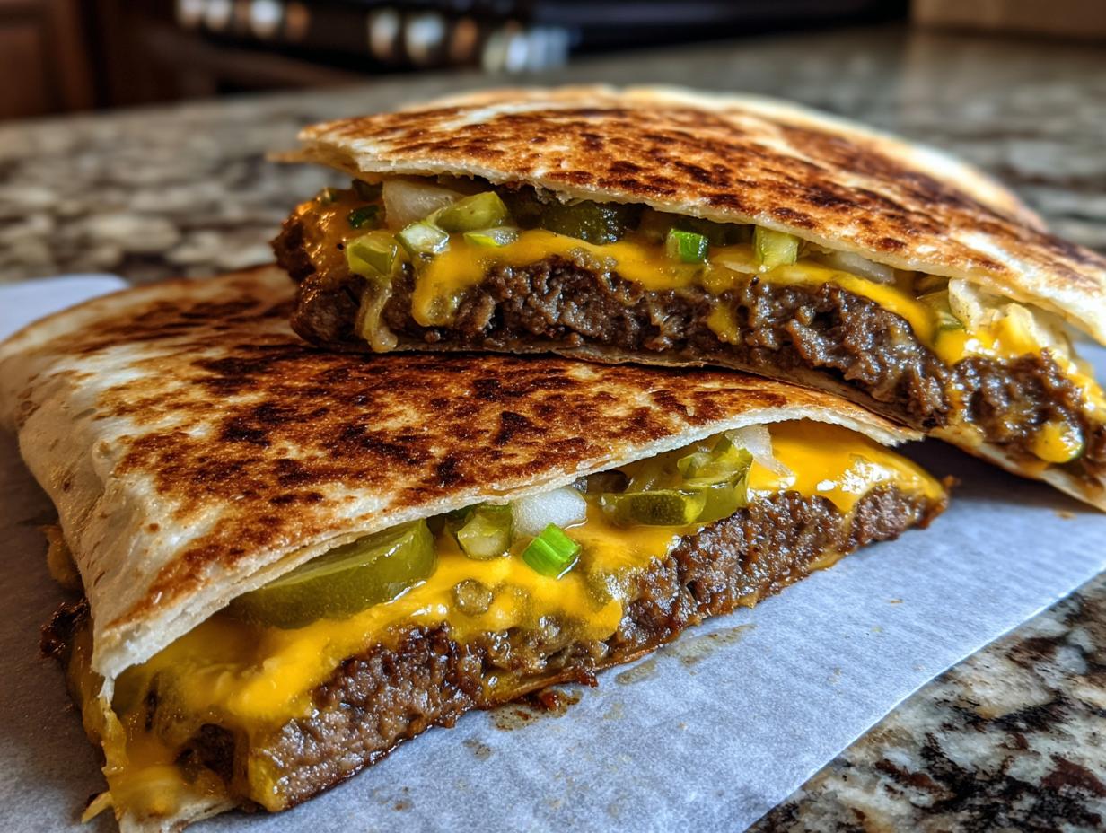 Close-up of two halves of a Smashburger Quesadillas showing the melted cheese, ground beef patty, pickles, and onions.