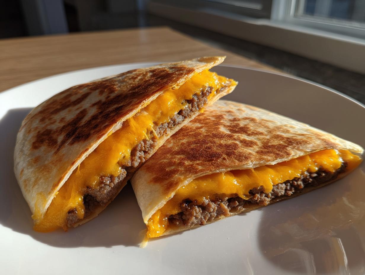 Two halves of a perfectly grilled Smashburger Quesadillas showing melted cheddar cheese and seasoned ground beef.