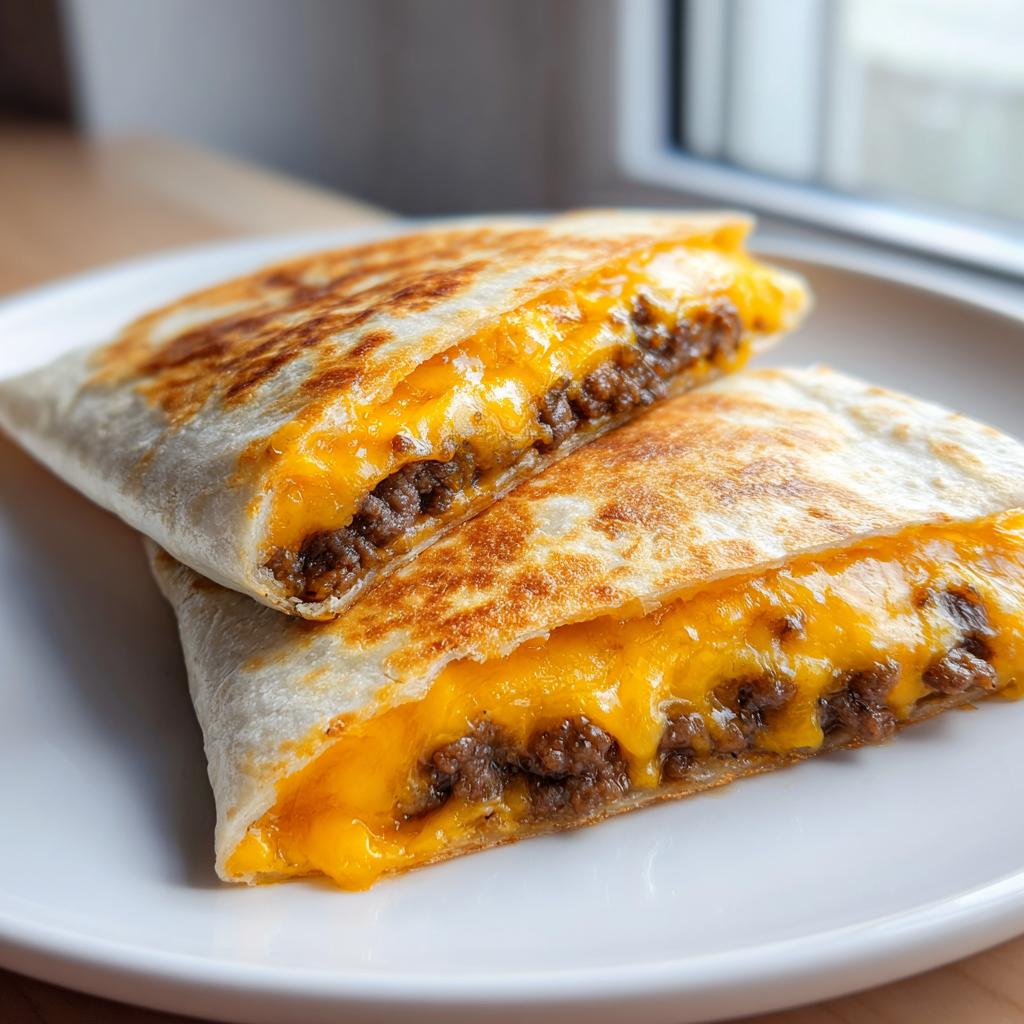 Two halves of a golden-brown Smashburger Quesadillas stacked on a white plate, showing melted cheddar cheese and seasoned ground beef.