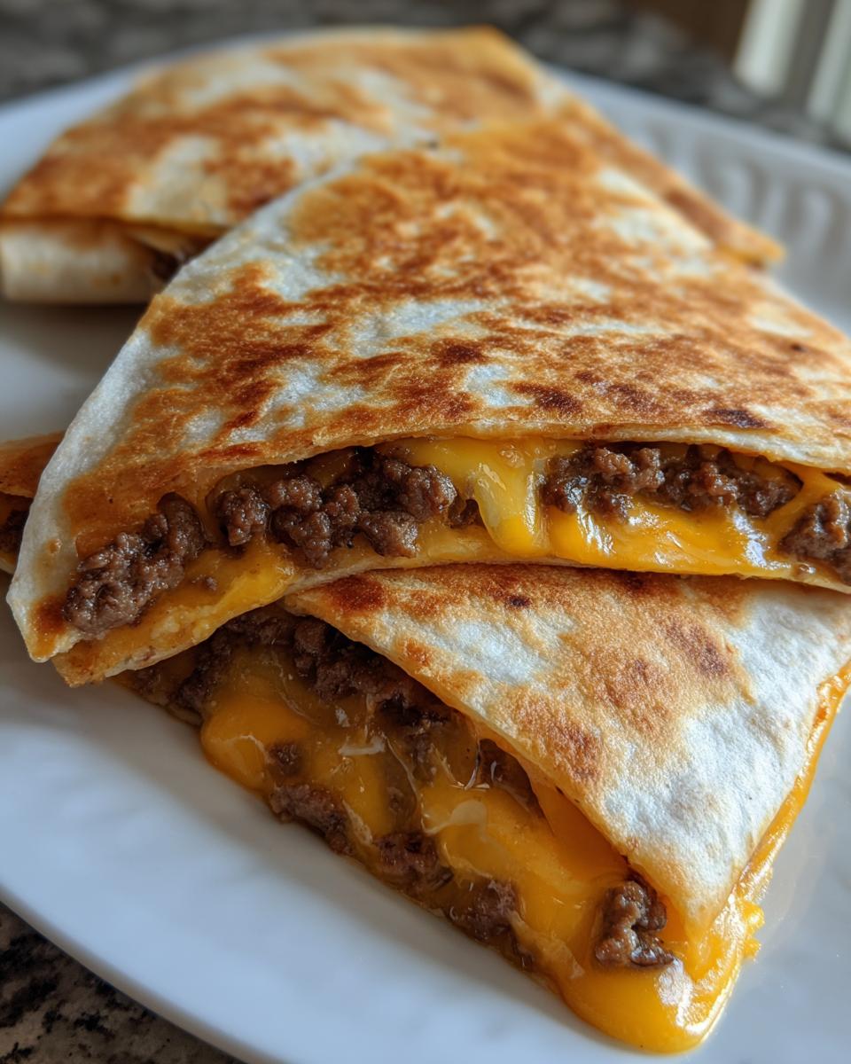 Close-up of crispy Smashburger Quesadillas cut into wedges, showing melted yellow cheese and seasoned ground beef filling.