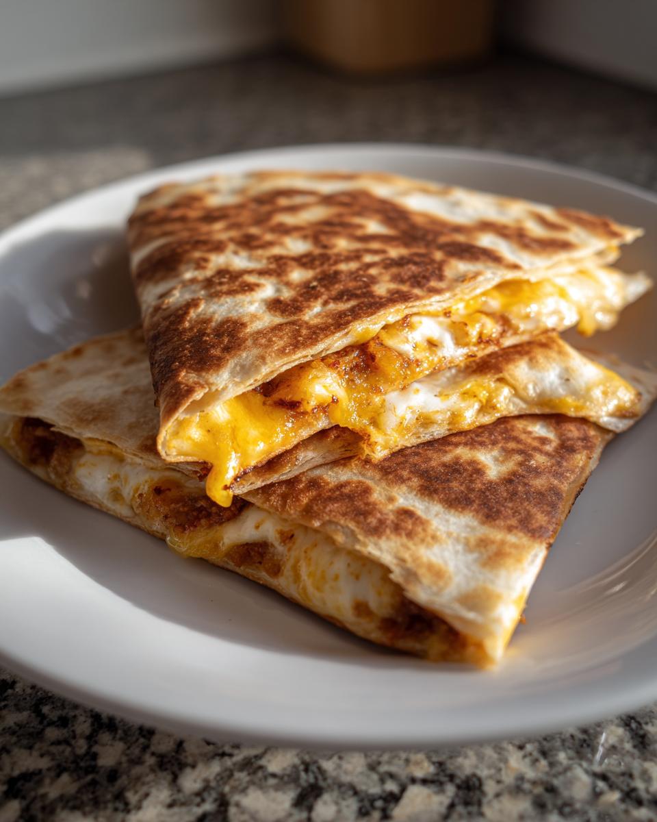 Two stacked quarters of golden-brown Smashburger Quesadillas oozing with melted cheddar and white cheese.
