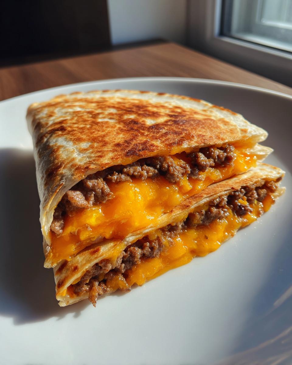 A close-up of a perfectly grilled Smashburger Quesadillas slice showing melted cheddar cheese and seasoned ground beef.