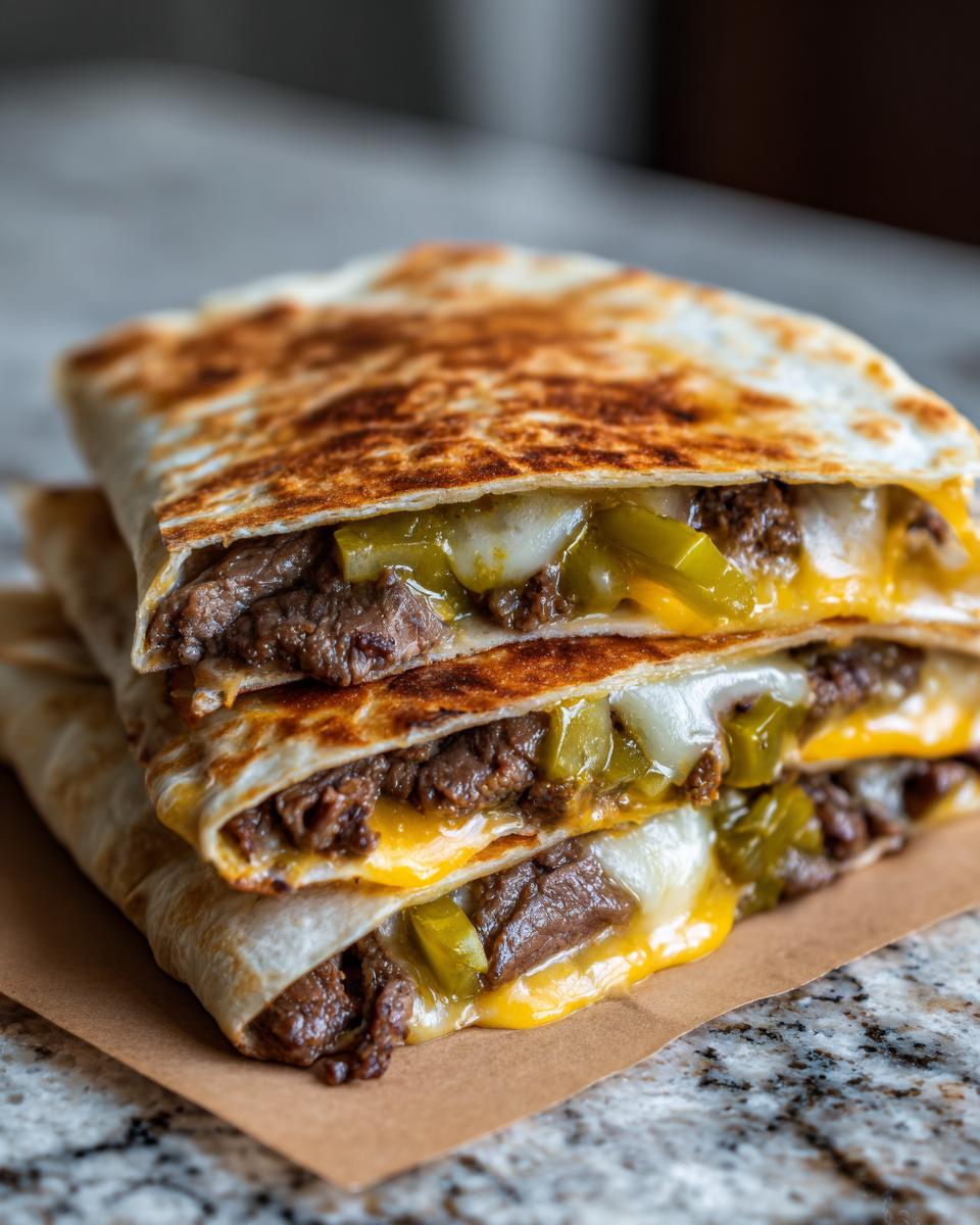 A stack of three halved Smashburger Quesadillas filled with seasoned ground beef, melted cheese, and pickles.
