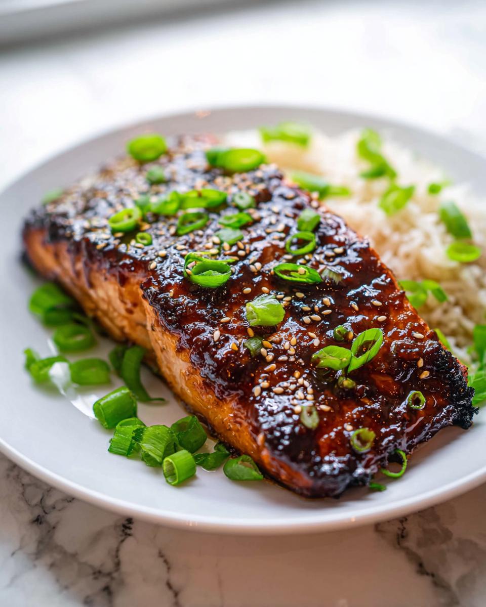 A perfectly cooked piece of Soy Ginger Salmon with a dark, glossy glaze, topped with sesame seeds and sliced green onions, served with rice.
