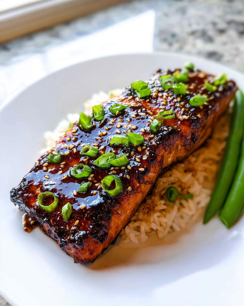 A perfectly cooked fillet of Soy Ginger Salmon, glazed and topped with sesame seeds and green onions, served over rice.