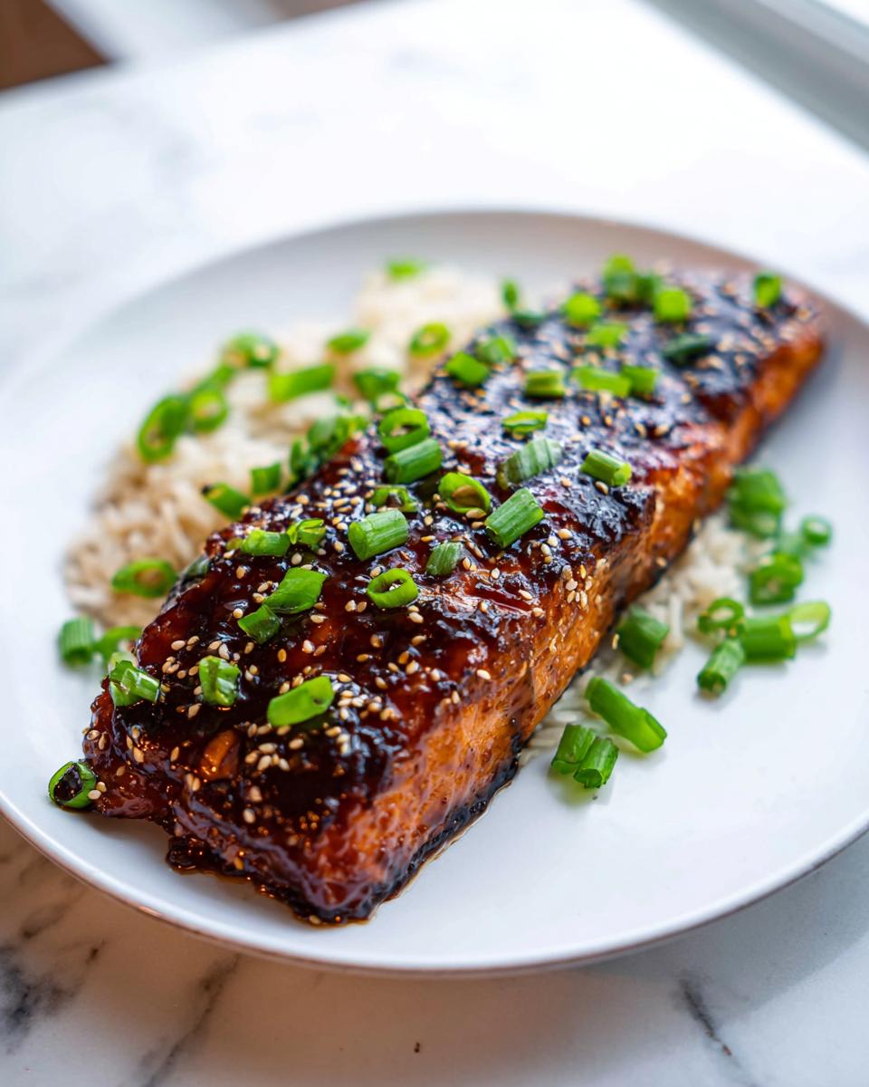 A perfectly cooked fillet of Soy Ginger Salmon covered in a dark, glossy glaze, served over white rice and topped with sesame seeds and fresh green onions.
