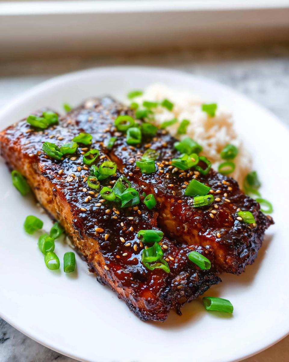 Two pieces of glazed Soy Ginger Salmon topped with sesame seeds and sliced green onions, served with white rice.