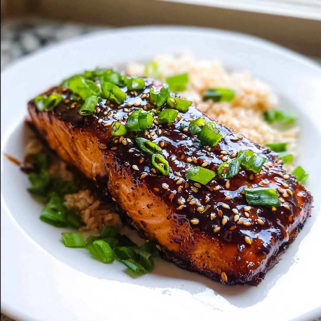 A perfectly cooked fillet of Soy Ginger Salmon glazed with a dark sauce, sprinkled with sesame seeds and green onions.