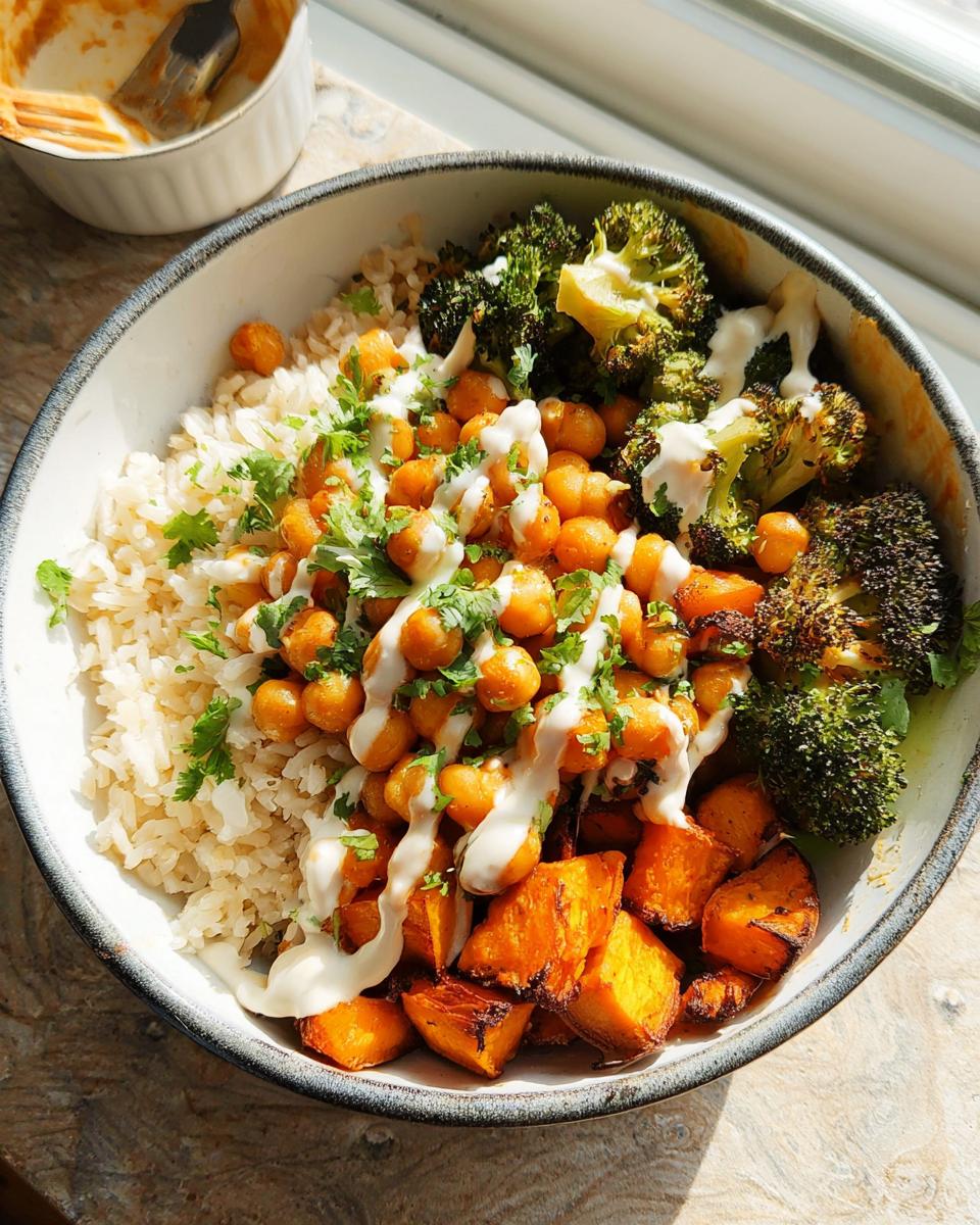 A close-up overhead shot of Spicy Chickpea Bowls featuring brown rice, roasted sweet potatoes, broccoli, and a creamy sauce drizzle.
