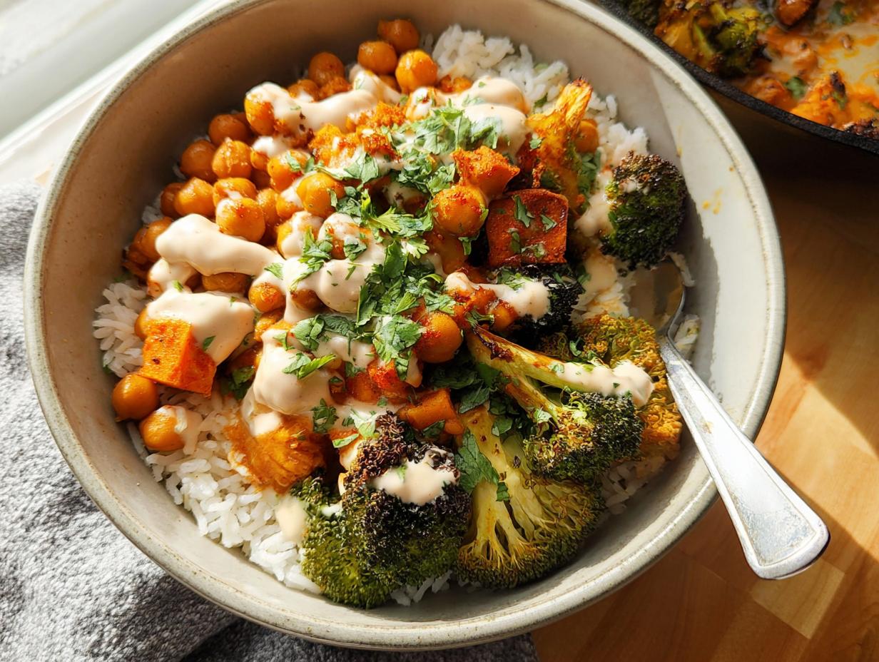 Close-up of a bowl containing Spicy Chickpea Bowls over white rice, topped with roasted broccoli, sweet potato, and a creamy sauce.