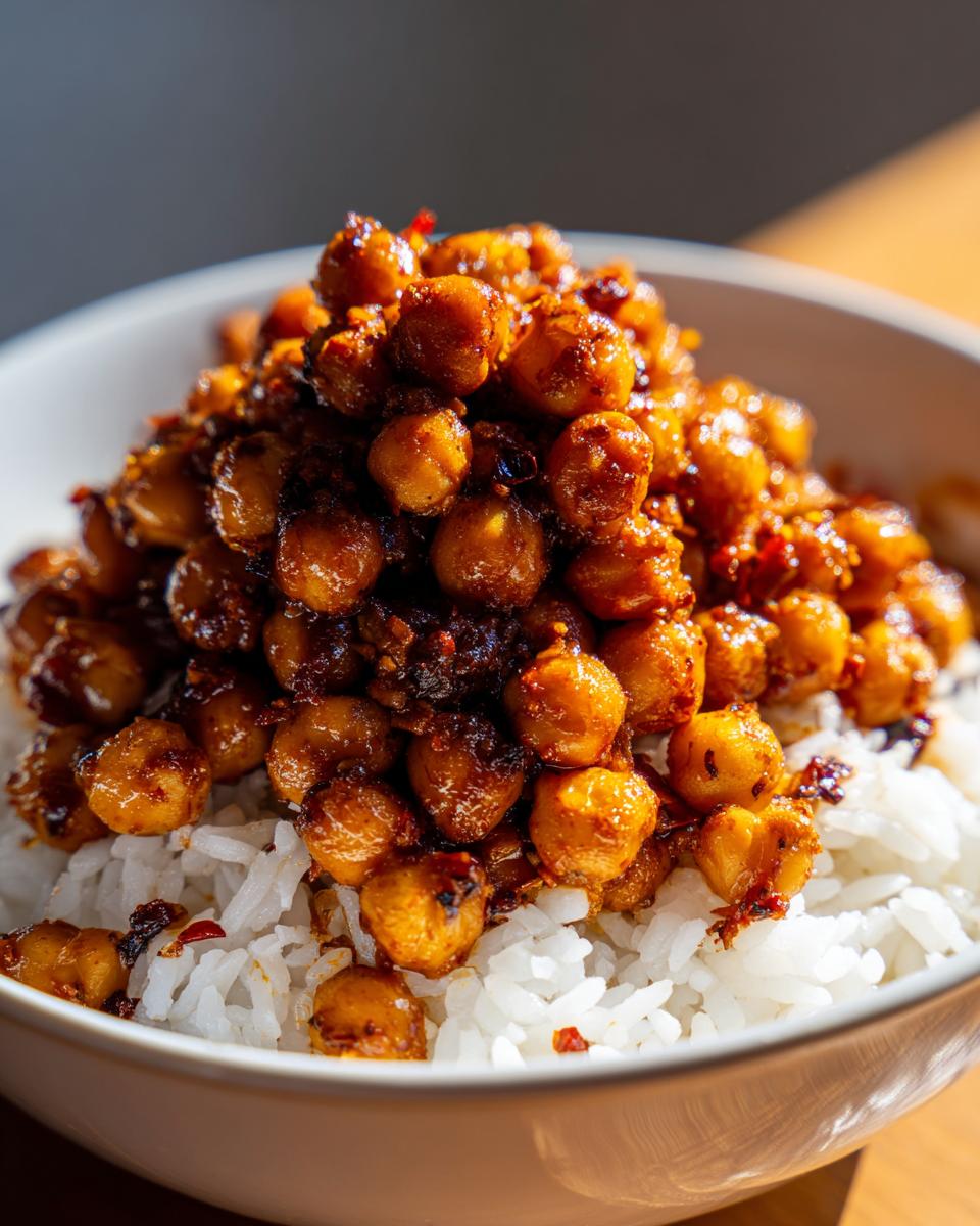 A close-up of a bowl filled with white rice topped high with glossy, saucy, Spicy Chickpea Bowls mixture.