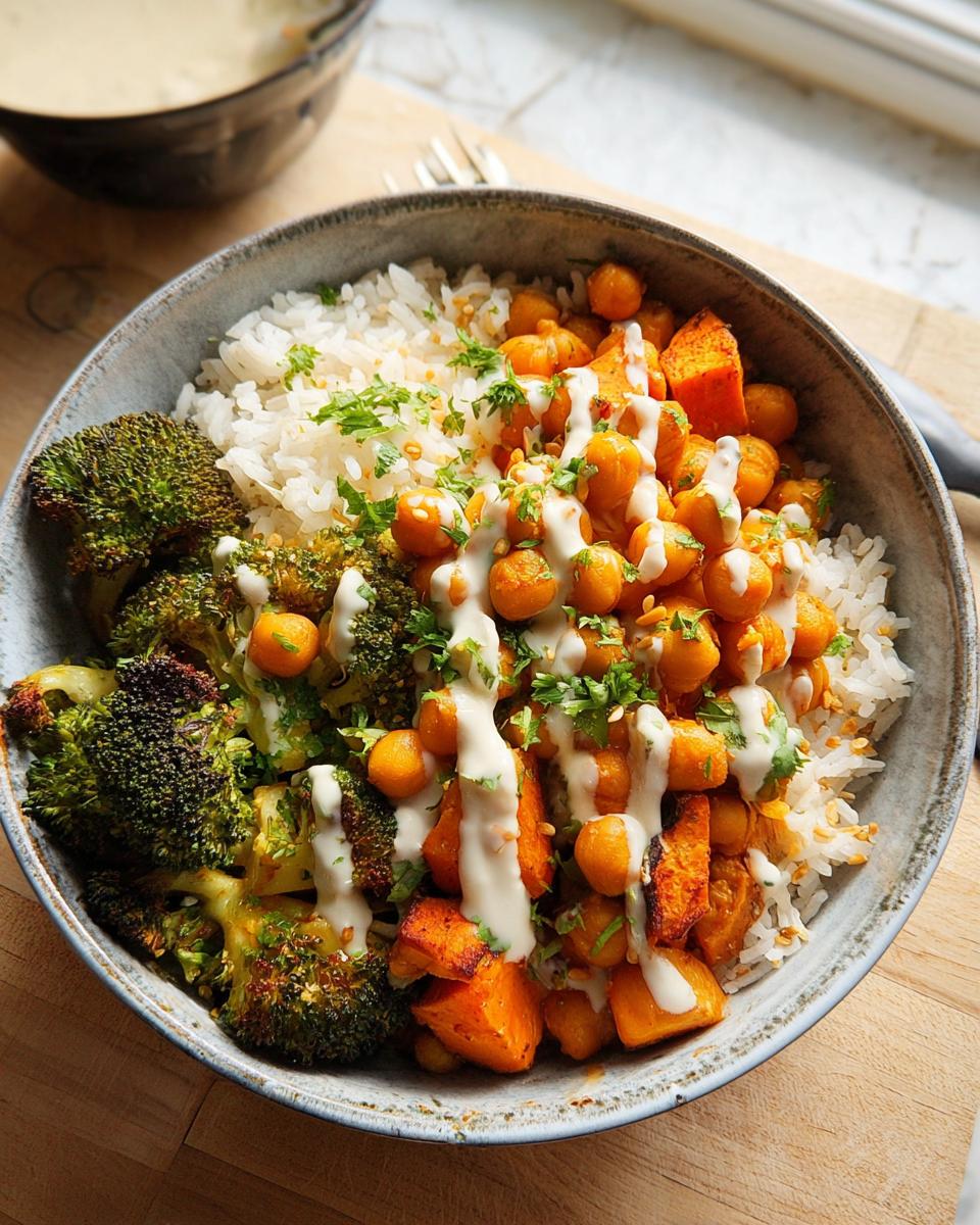 Close-up of a bowl containing Spicy Chickpea Bowls ingredients: rice, roasted broccoli, sweet potatoes, and a creamy white drizzle.