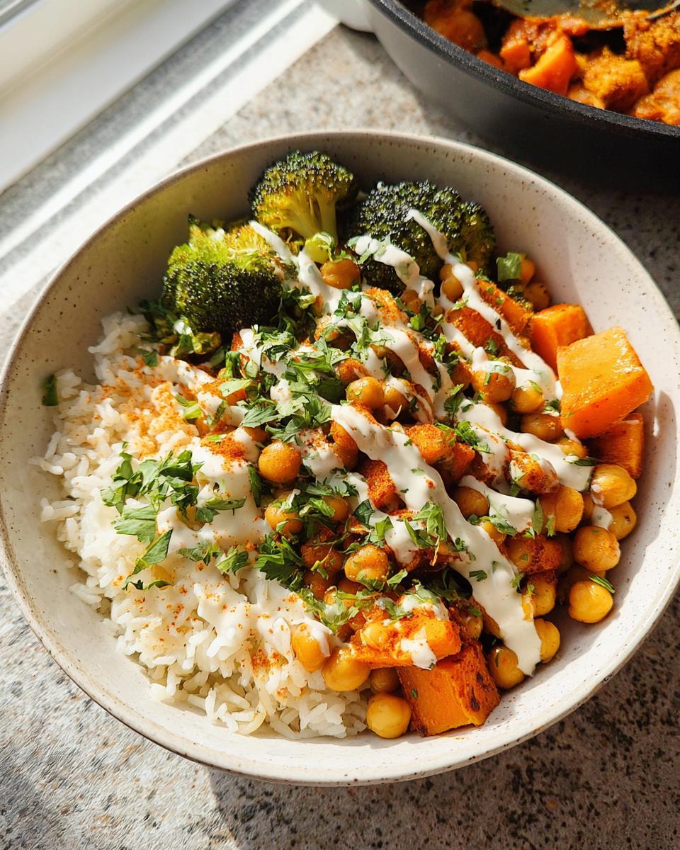 A close-up of a bowl featuring rice, spicy chickpeas, roasted sweet potatoes, broccoli, and a white sauce drizzle.