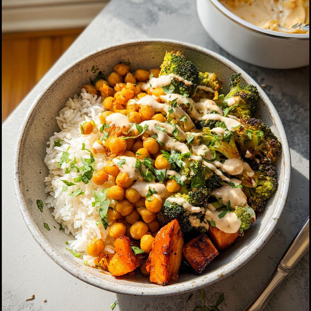 A bowl of Spicy Chickpea Bowls featuring white rice, seasoned chickpeas, roasted broccoli, sweet potato chunks, and a creamy drizzle.