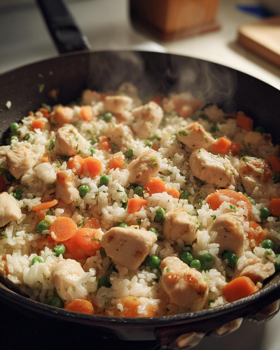 Close-up of steaming chicken and rice mixed with carrots and peas, a perfect example of Easy Weeknight Dinners.
