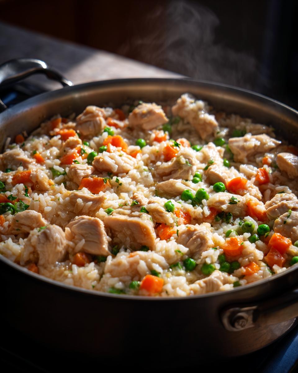 Close-up of steaming chicken and rice mixed with peas and carrots, perfect for Easy Weeknight Dinners.