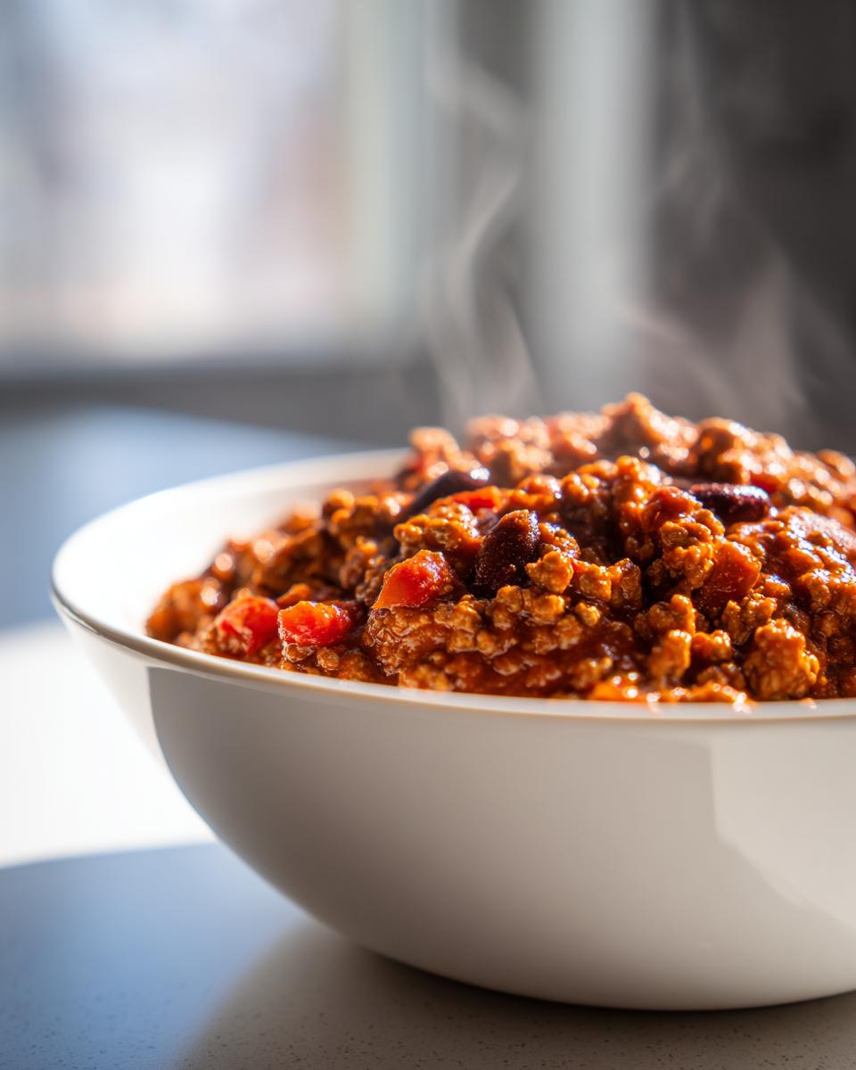 Close-up of a steaming white bowl filled with rich, hearty Healthy Turkey Chili, featuring ground turkey and beans.