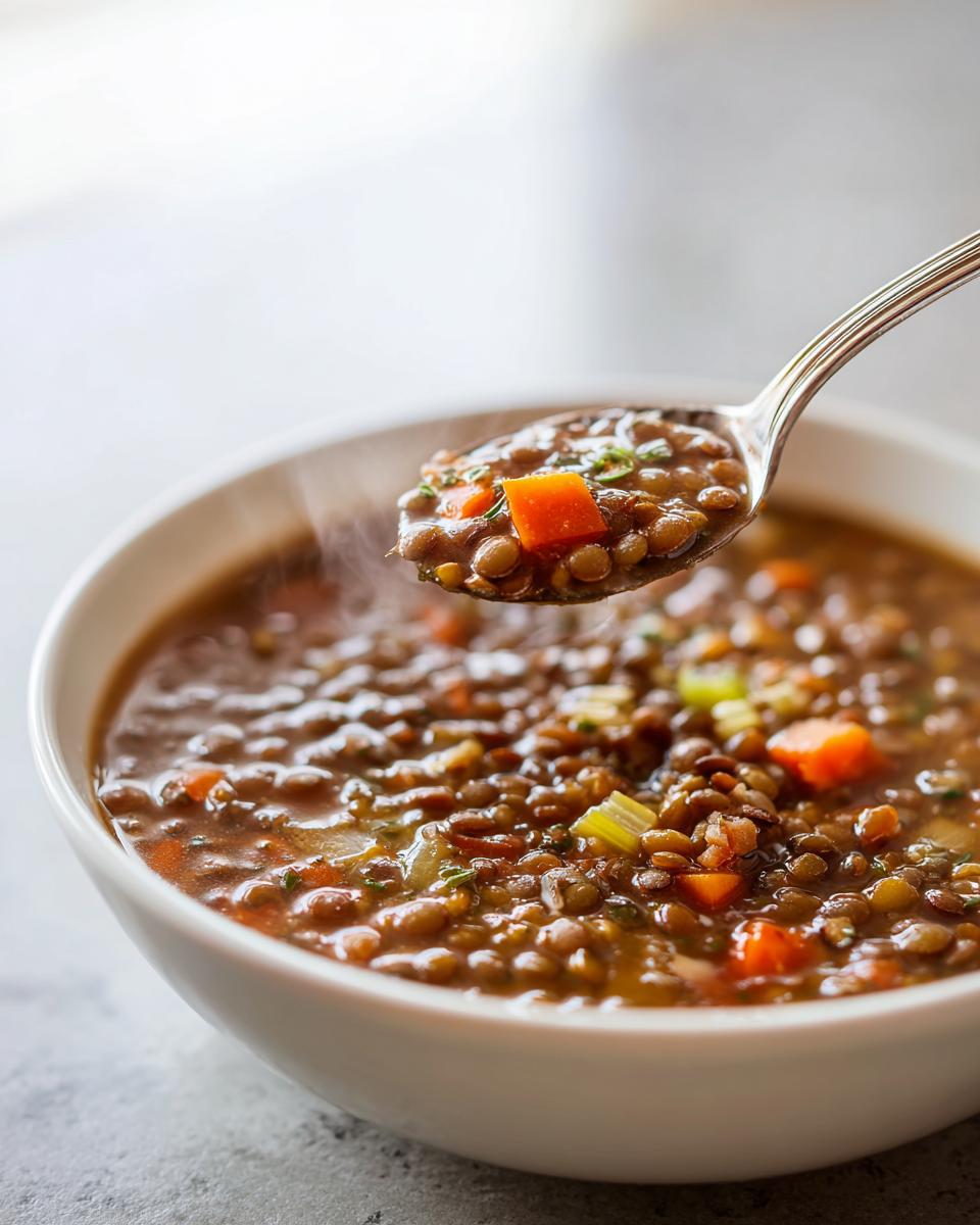 A spoonful of steaming hot lentil soup with carrots and celery being lifted from a white bowl, showcasing one of the Healthy Winter Soup Ideas.