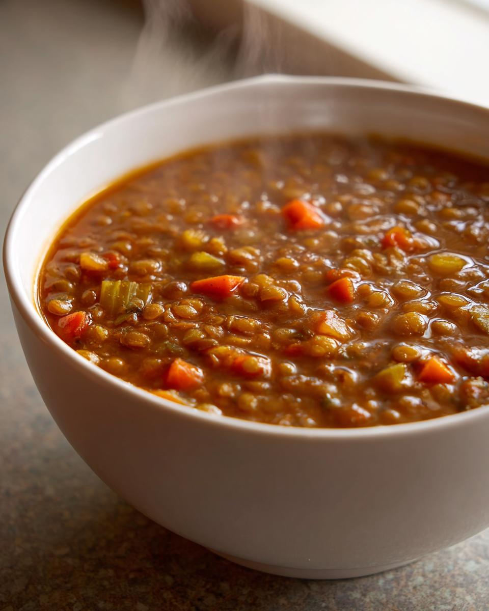 Close-up of a steaming white bowl filled with thick, rich lentil soup, a perfect example of Healthy Winter Soup Ideas.