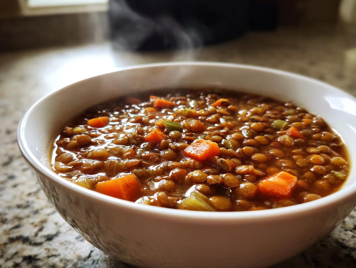 Close-up of a steaming white bowl filled with hearty lentil soup, featuring visible carrots and celery, illustrating Healthy Winter Soup Ideas.