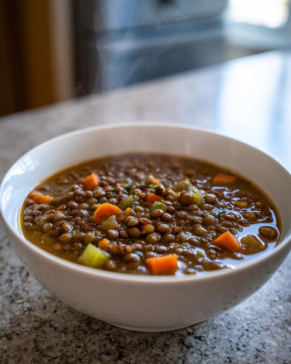 A close-up of a steaming white bowl filled with hearty, healthy winter soup ideas, specifically lentil soup with carrots and celery.