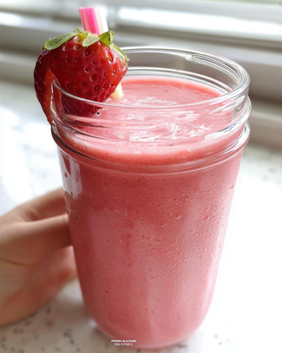 A close-up of a frosty Strawberry Banana Smoothie (Classic) served in a mason jar, garnished with a fresh strawberry.