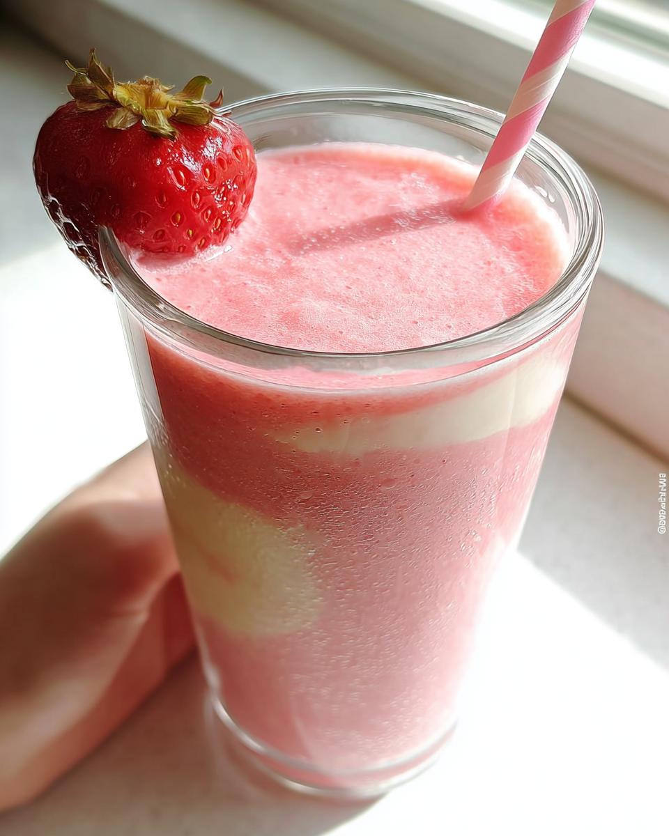 A hand holds a glass containing a layered Strawberry Banana Smoothie (Classic), garnished with a fresh strawberry.
