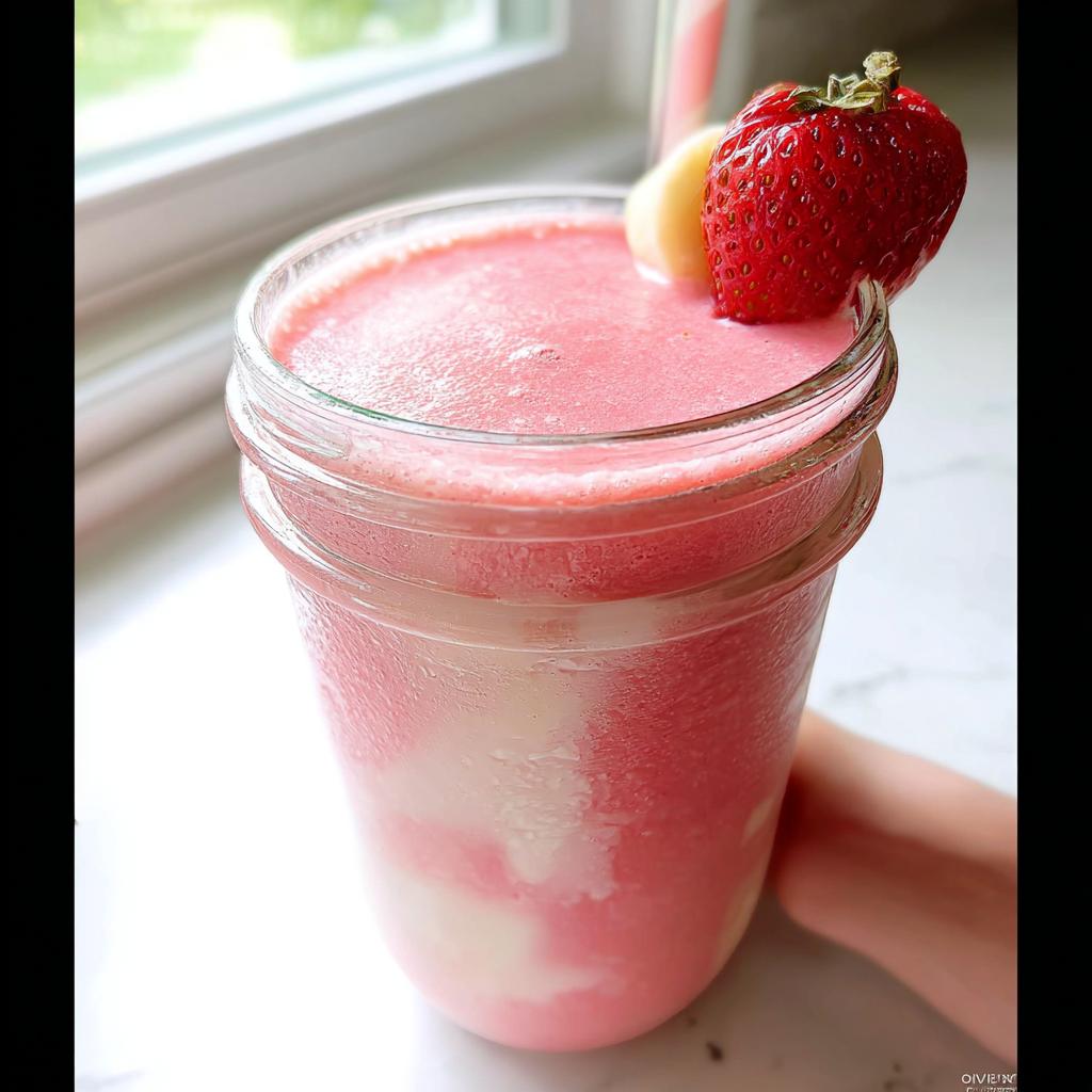 A close-up of a chilled Strawberry Banana Smoothie in a glass jar, garnished with a fresh strawberry and banana slice.