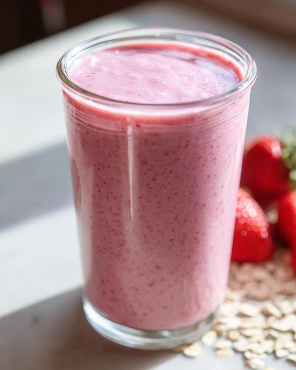 A tall glass filled with a thick, pink Strawberry Oatmeal Smoothie, with fresh strawberries and oats nearby.
