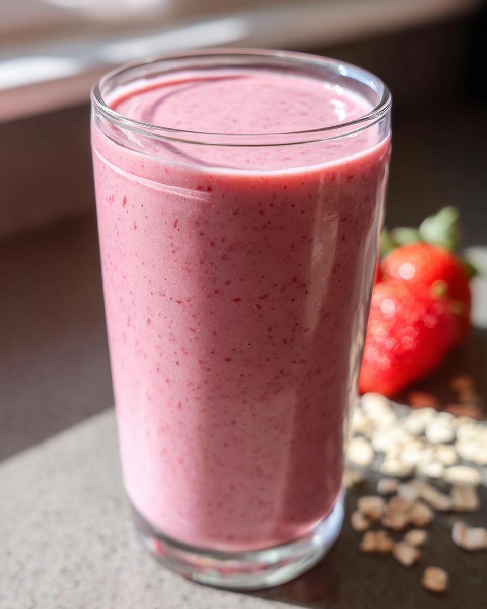 A tall glass filled with a thick, pink Strawberry Oatmeal Smoothie, with a fresh strawberry and oats nearby.