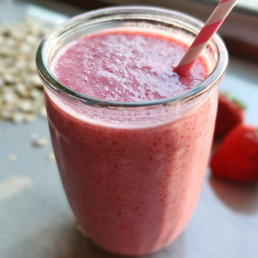 A close-up of a thick, pink Strawberry Oatmeal Smoothie in a clear glass with a striped straw.