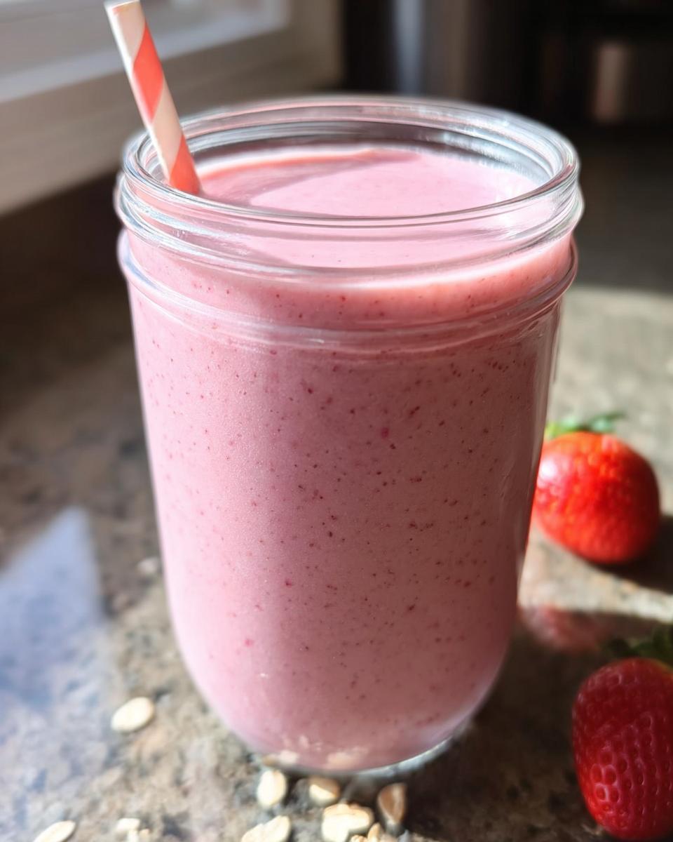 A close-up of a pink Strawberry Oatmeal Smoothie in a glass jar with a striped straw, next to fresh strawberries and scattered oats.