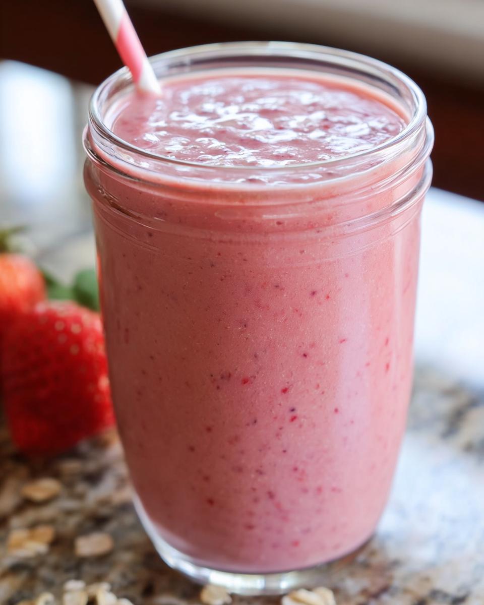 Close-up of a thick, pink Strawberry Oatmeal Smoothie served in a mason jar with a striped straw.