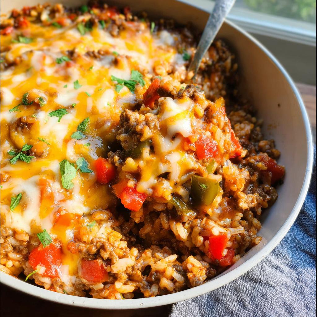 A close-up of a hearty bowl of Stuffed Pepper Casserole with ground beef, rice, peppers, and melted cheese.