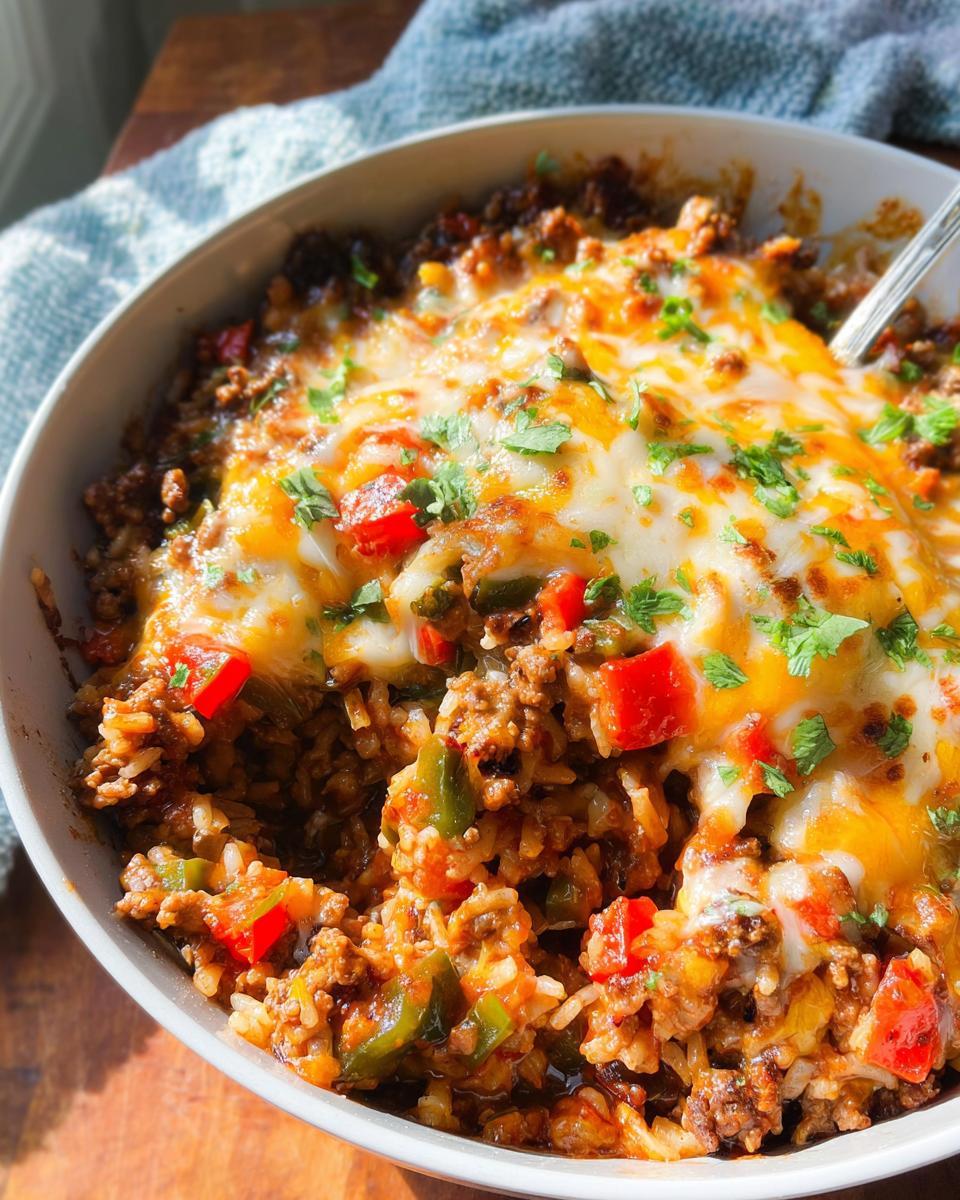 Close-up of a hearty Stuffed Pepper Casserole topped with melted cheese and fresh parsley.