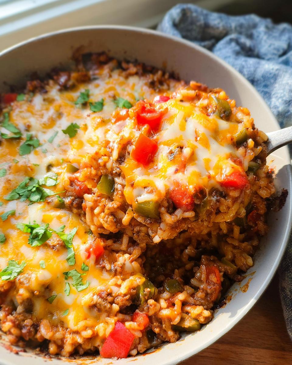 A spoonful of cheesy Stuffed Pepper Casserole being lifted from a bowl, showing rice, ground meat, and peppers.