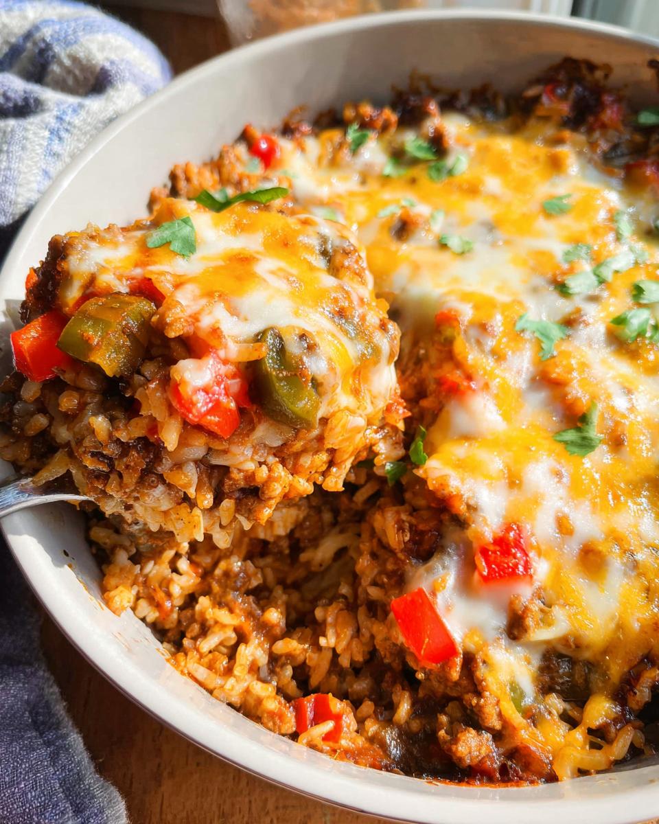 A spoonful being lifted from a bowl of Stuffed Pepper Casserole, showing melted cheese, rice, and peppers.
