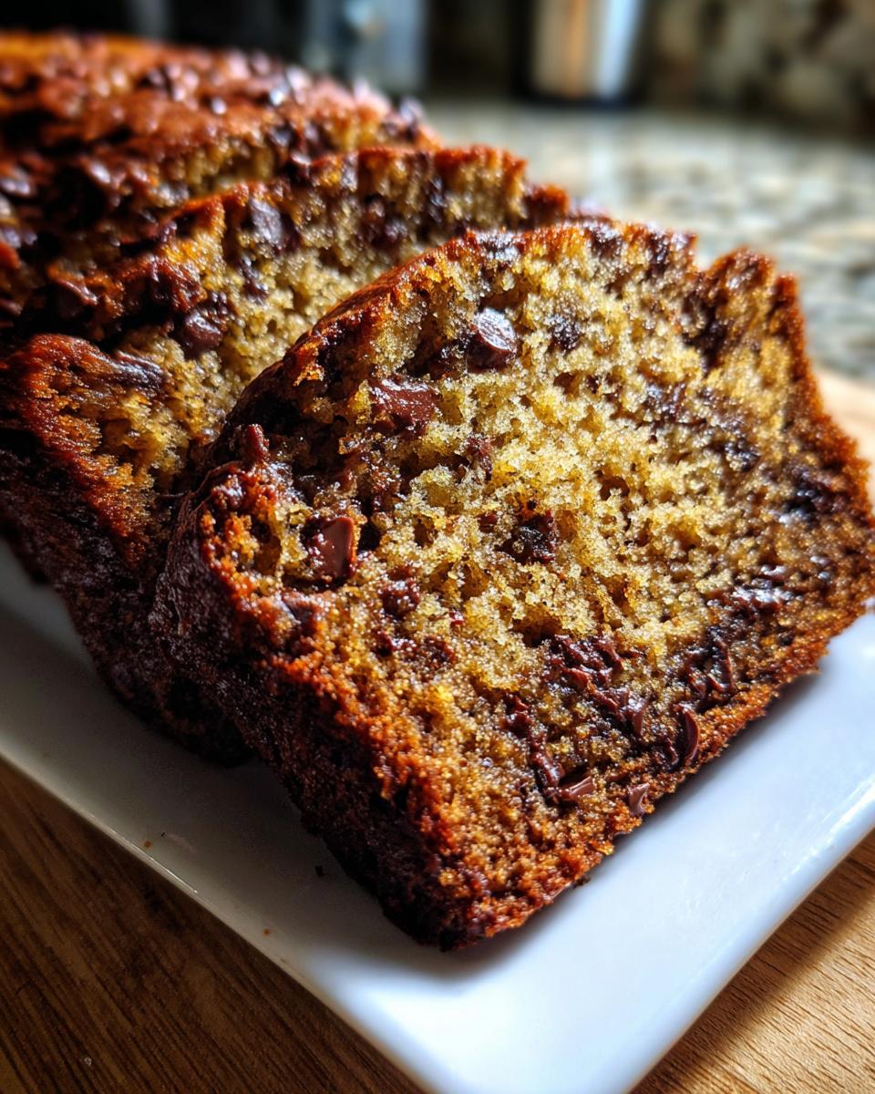 Close-up of moist chocolate chip banana bread recipe slices showing rich texture and melted chocolate chips.