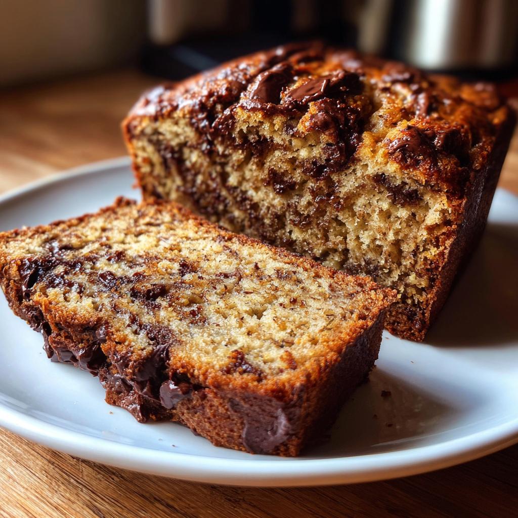 A close-up of a slice of moist chocolate chip banana bread next to the rest of the loaf.