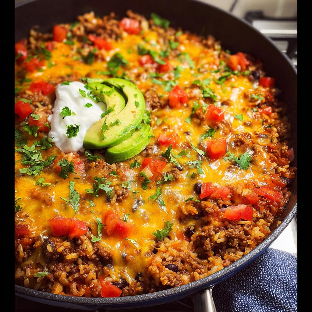 Close-up of a ready-to-eat Taco Skillet with ground beef, rice, melted cheese, tomatoes, and avocado.