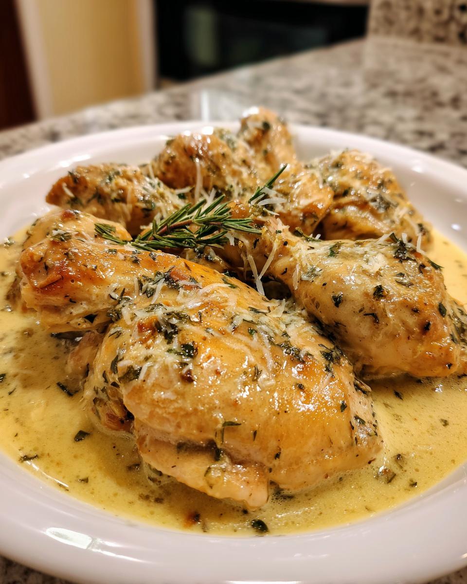 Close-up of Tangy Creamy Lemon Chicken pieces covered in a rich, yellow sauce and topped with herbs and Parmesan.