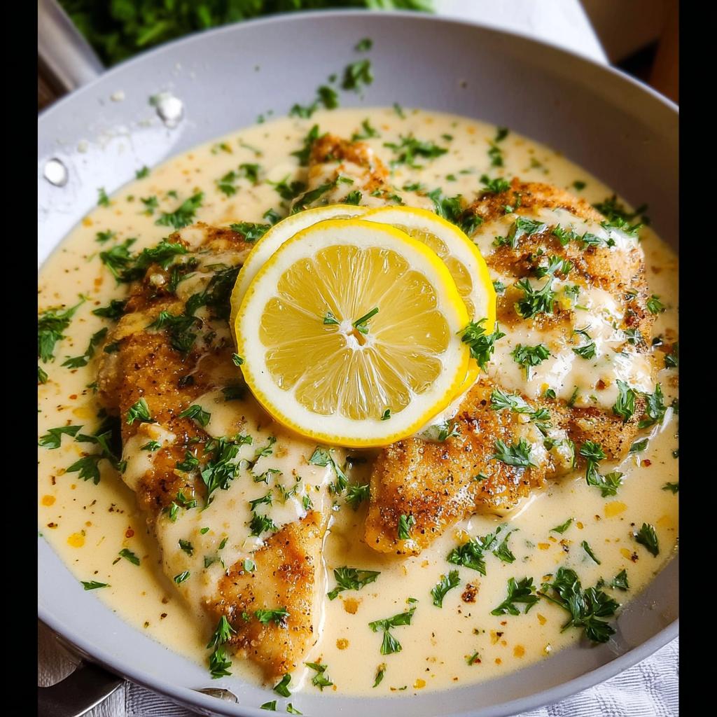 Two pieces of golden brown Tangy Creamy Lemon Chicken smothered in a rich sauce and garnished with lemon slices and parsley.